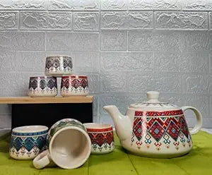 Boho Print Ceramic Kettle Set with 6 Matching Cups – Multicolor
