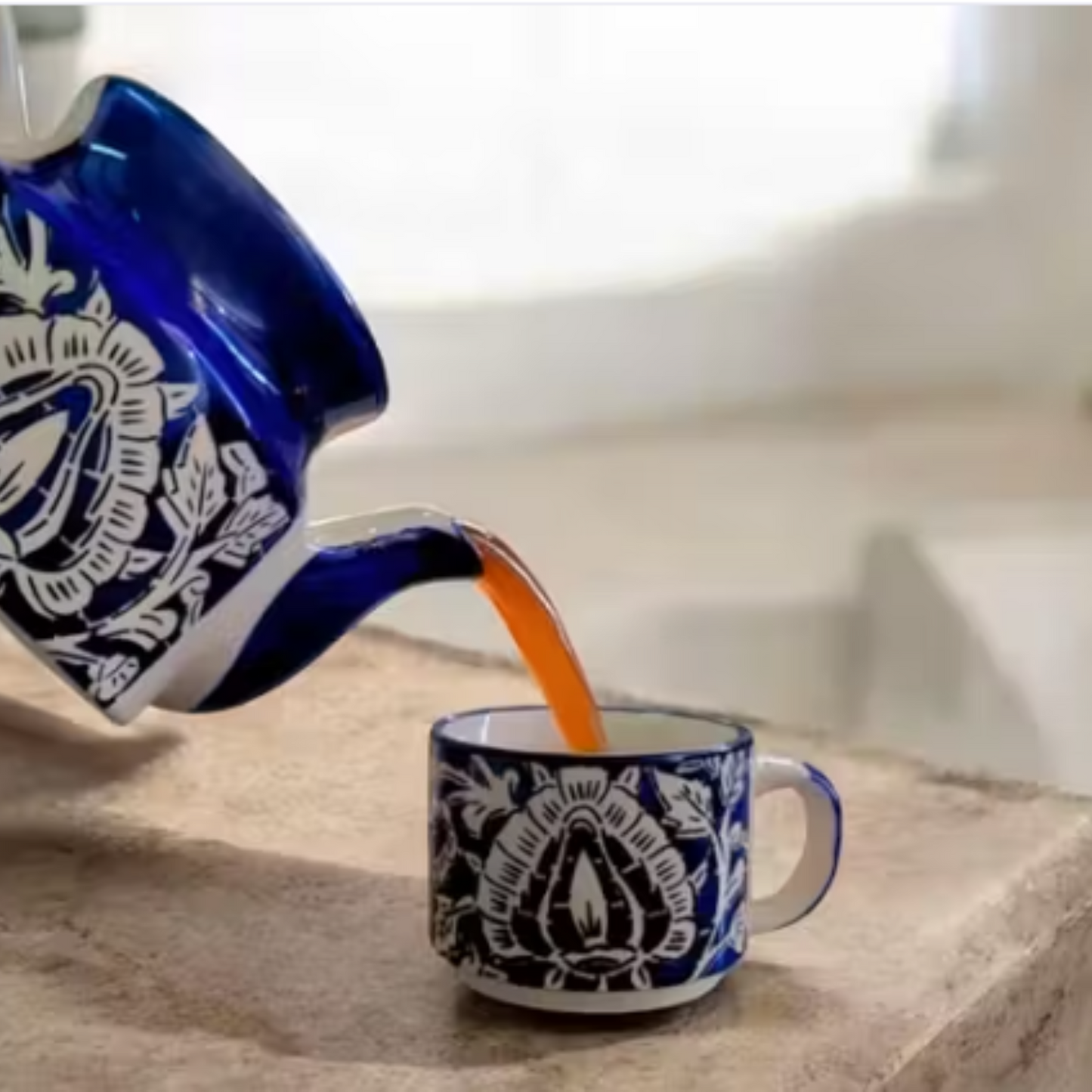 Royal Blue Pottery Kettle & Cup Set – Handcrafted 3-Piece Tea Set