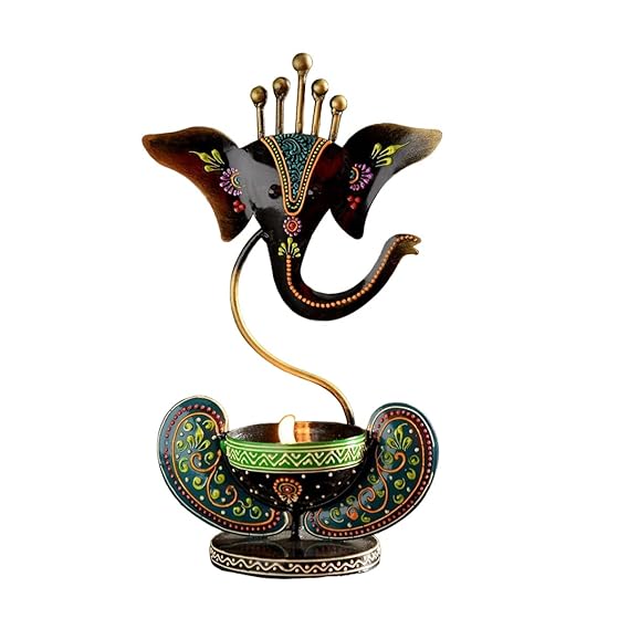 Hand-Painted Metal Ganesha Showpiece with Bowl – Ethnic Home Decor