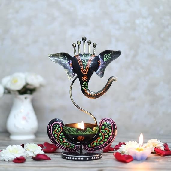 Hand-Painted Metal Ganesha Showpiece with Bowl – Ethnic Home Decor