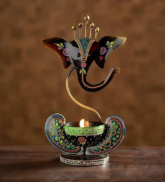 Hand-Painted Metal Ganesha Showpiece with Bowl – Ethnic Home Decor