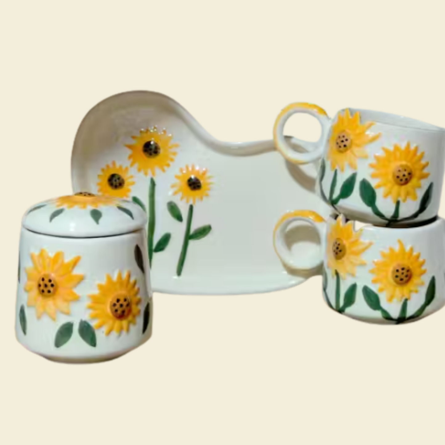 Sunflower Bloom Ceramic Breakfast Set – Cup, Tray & Container