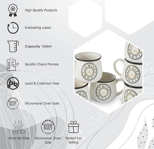 Two white mugs with black patterns on a white background, featuring the brand nushtara