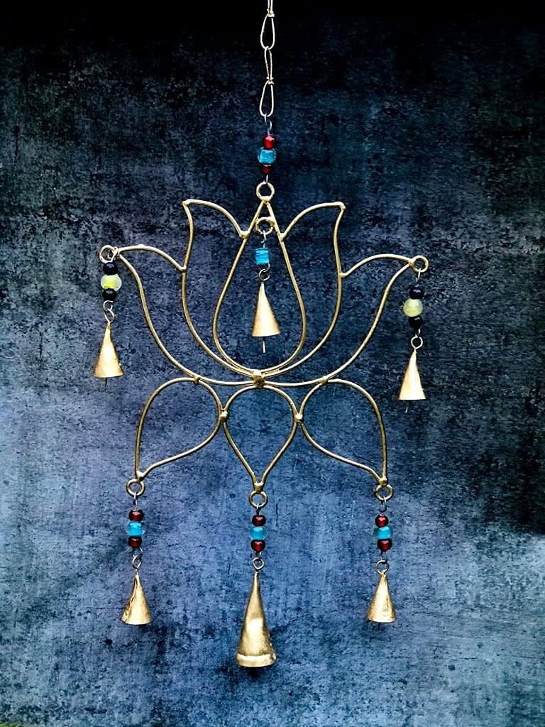 Golden Lotus Metal Wall Hanging with Bells – Elegant Minimalist Decor
