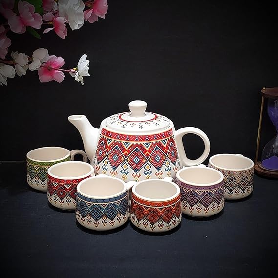 Boho Print Ceramic Kettle Set with 6 Matching Cups – Multicolor