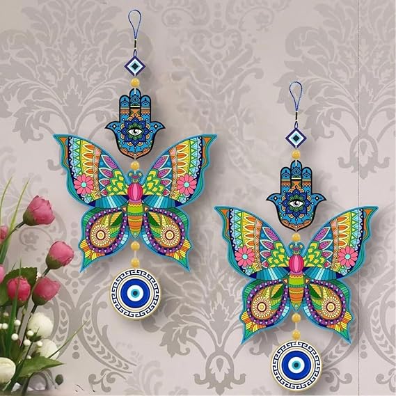 Evil Eye & Butterfly Wall Hanging Set (Set of 2) – Boho Protection Decor