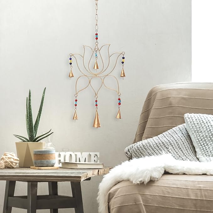 Golden Lotus Metal Wall Hanging with Bells – Elegant Minimalist Decor