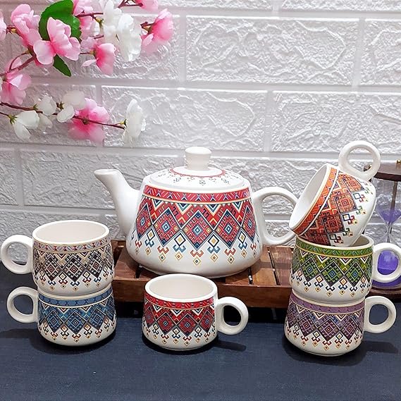 Boho Print Ceramic Kettle Set with 6 Matching Cups – Multicolor