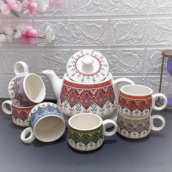 Boho Print Ceramic Kettle Set with 6 Matching Cups – Multicolor