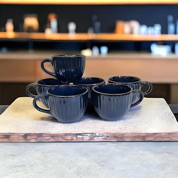 Boncel Blue Ceramic Tea & Coffee Mug Set – Set of 6 (150 ml each)
