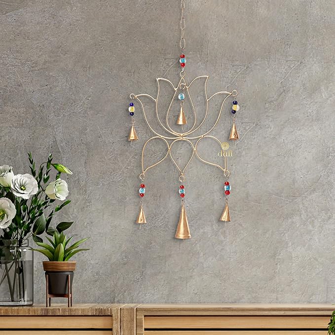 Golden Lotus Metal Wall Hanging with Bells – Elegant Minimalist Decor