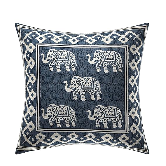 Indigo Elephant Print Cotton Cushion Covers – Set of 5 (16x16 Inches)