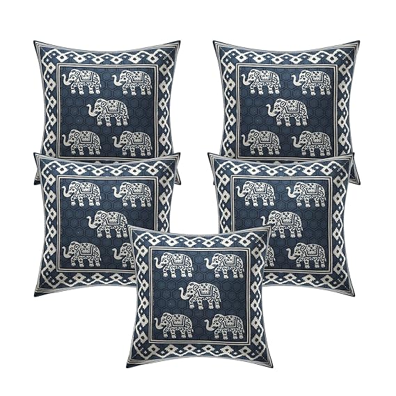 Set of six blue pillows with elephant patterns on a white background