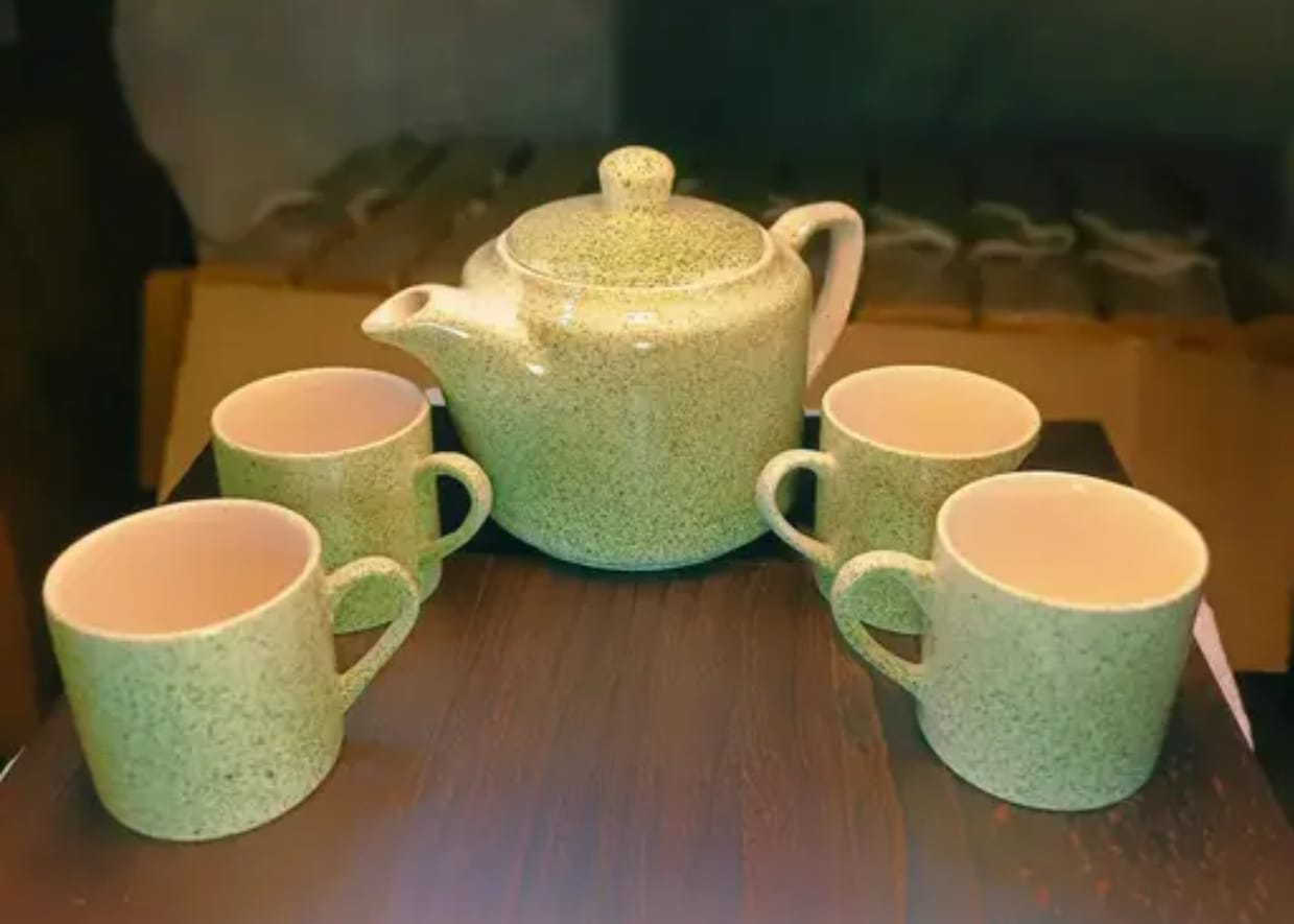 Speckled Green Ceramic Kettle & Cup Set – 5-Piece Tea Set