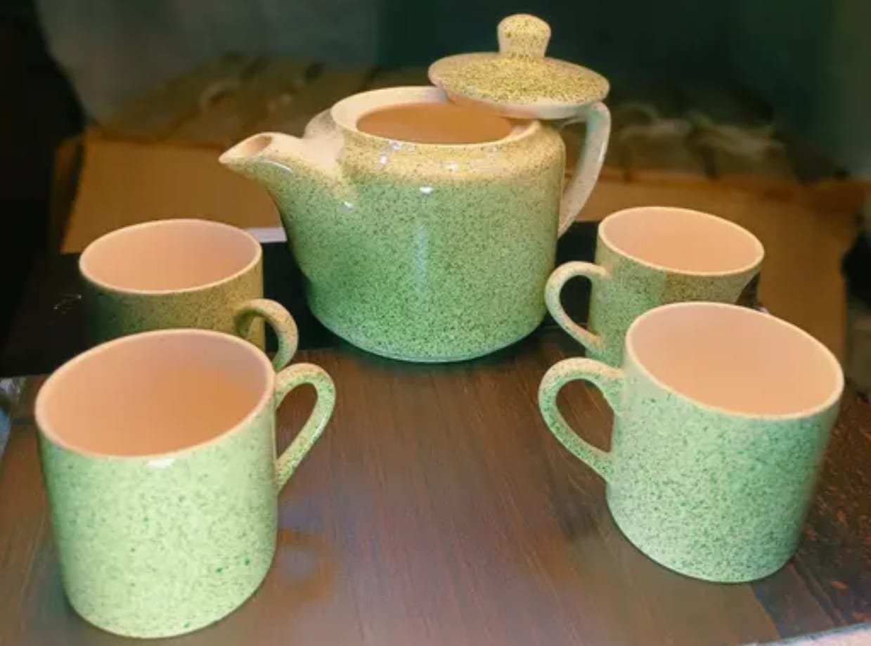 Speckled Green Ceramic Kettle & Cup Set – 5-Piece Tea Set