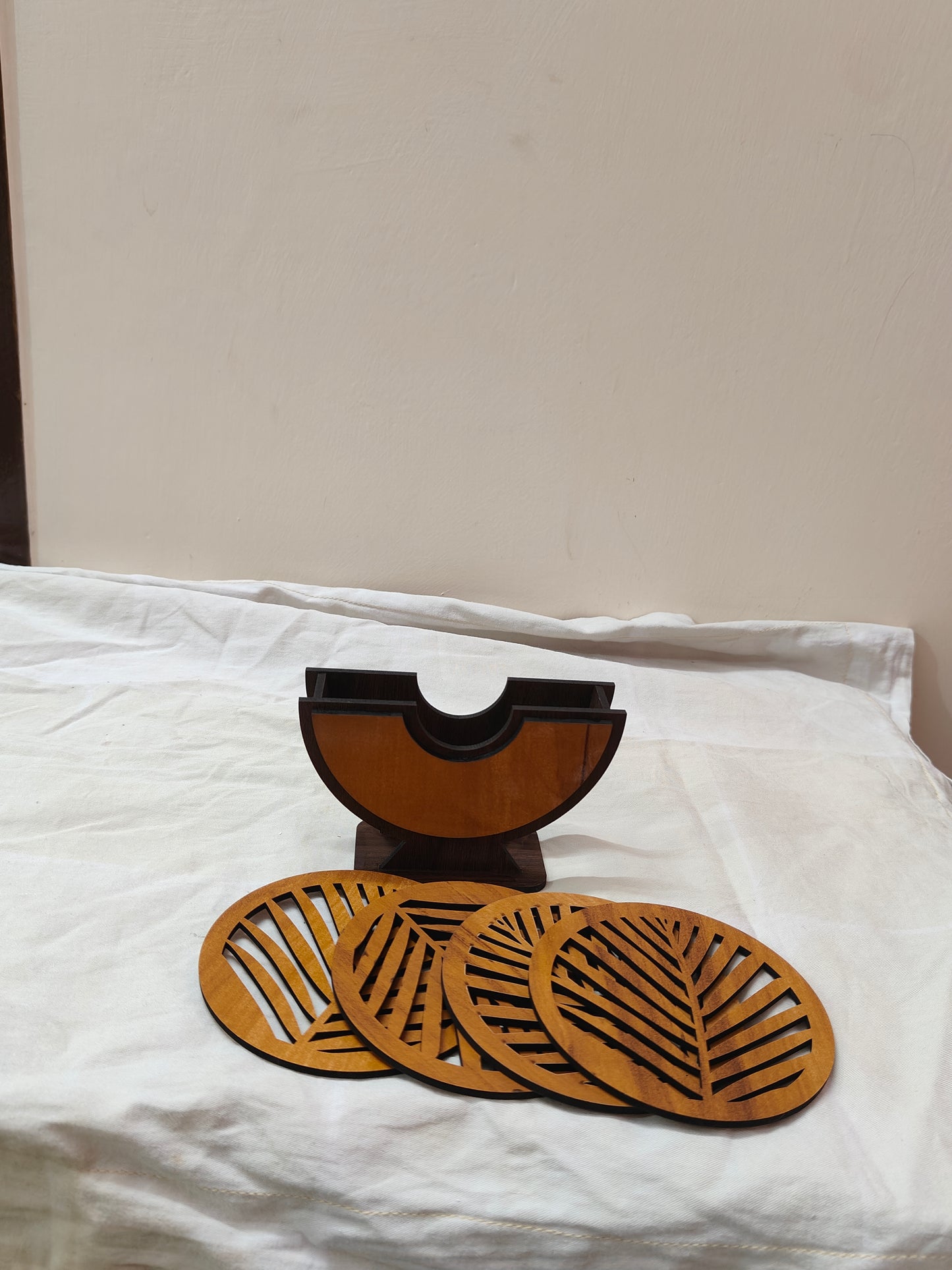 Premium Wooden Leaf Cut Coaster Set – Set of 4 with Stand