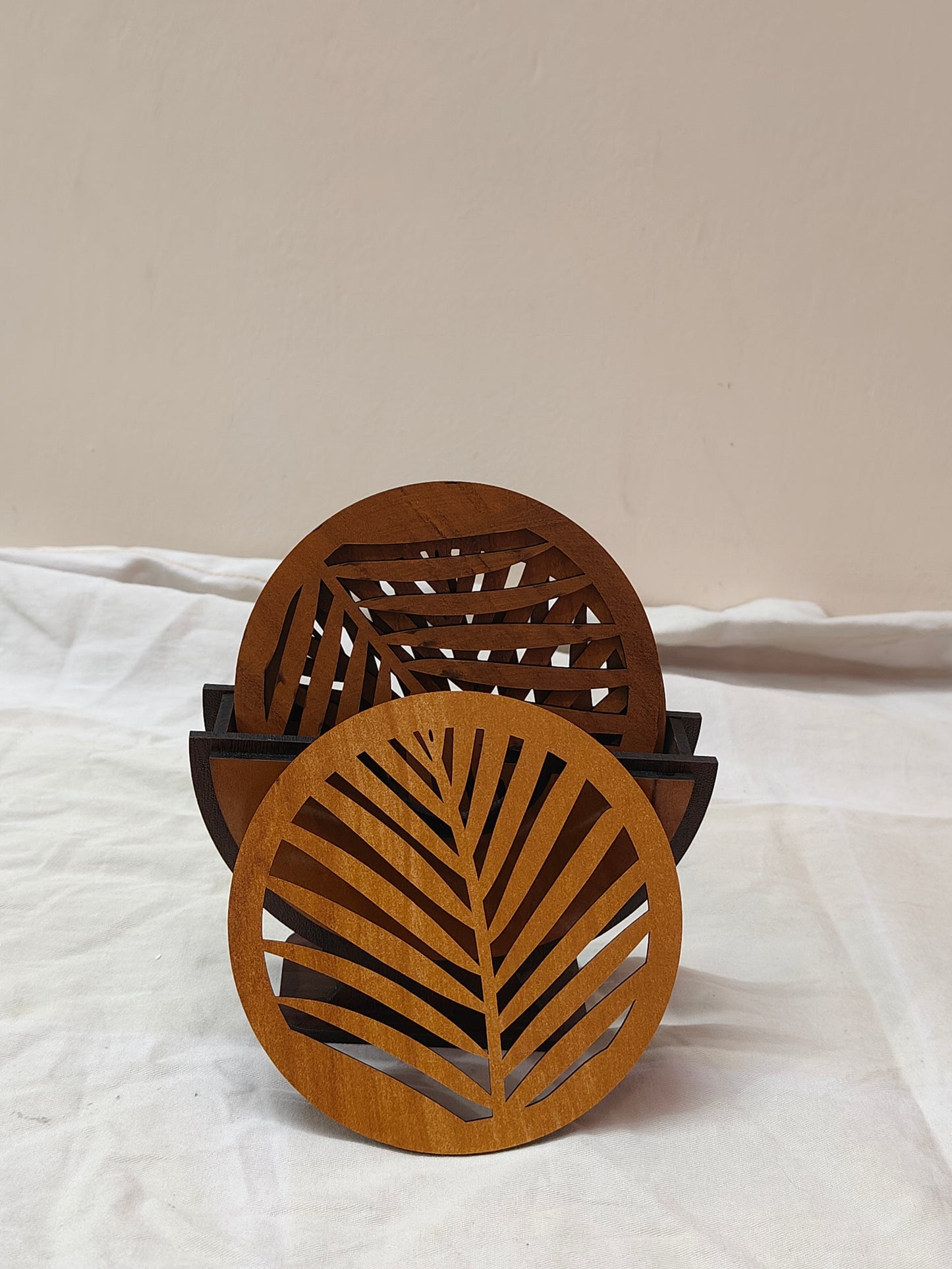 Premium Wooden Leaf Cut Coaster Set – Set of 4 with Stand