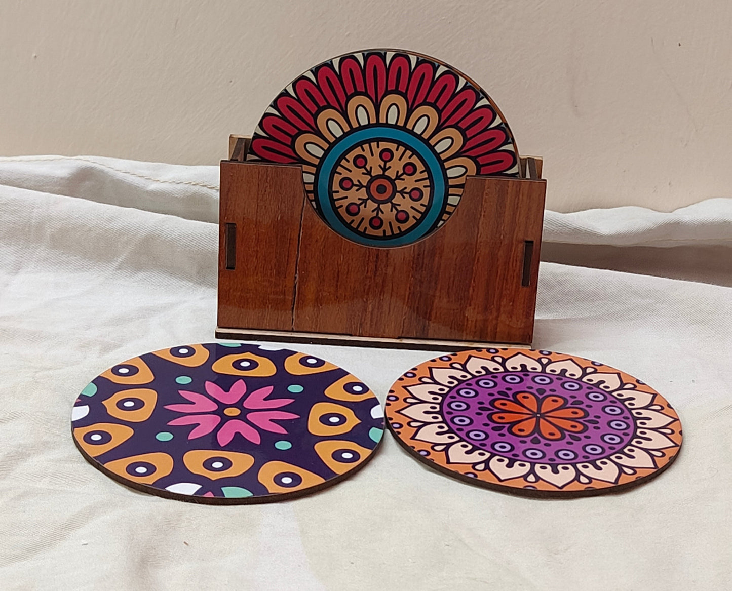 Mandala Art Wooden Coaster Set – Set of 4 with Holder