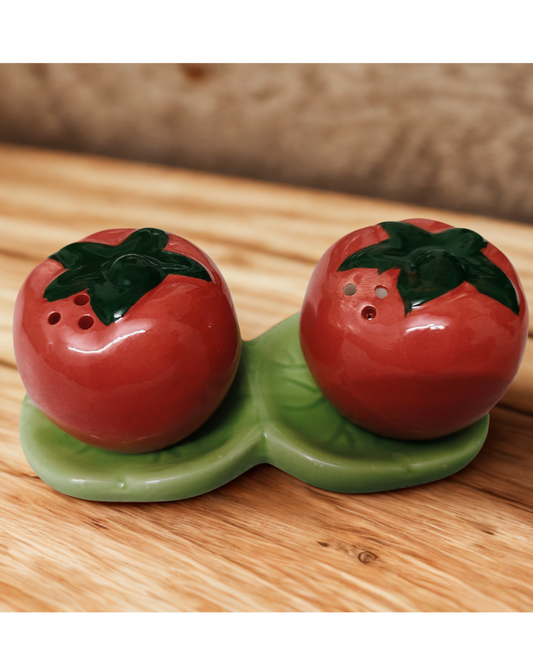Tomato-Shaped Ceramic Salt & Pepper Shaker Set with Leaf Tray