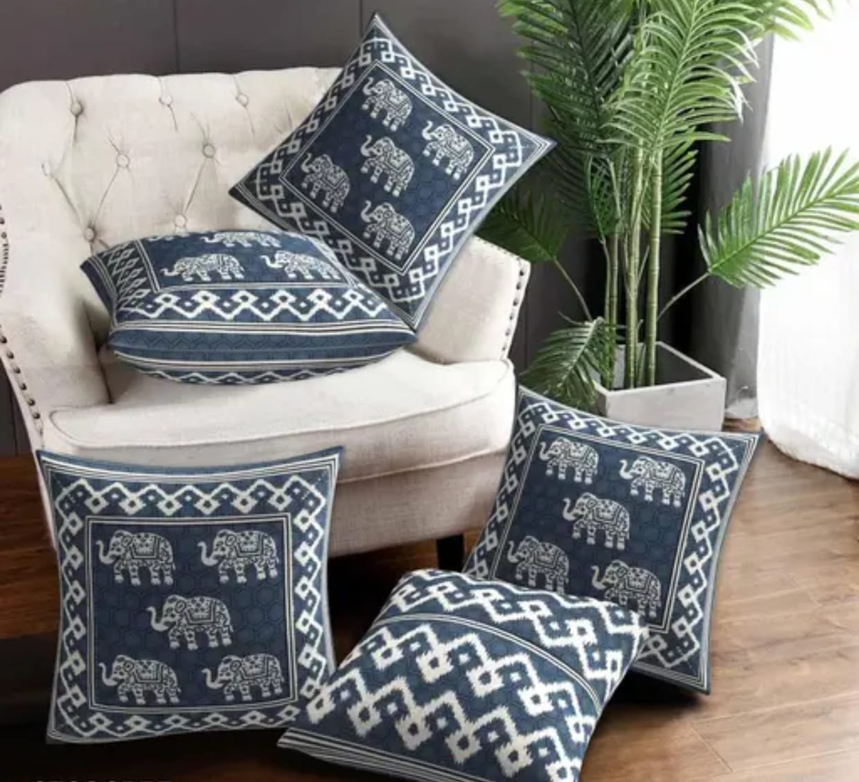 Indigo Elephant Print Cotton Cushion Covers – Set of 5 (16x16 Inches)