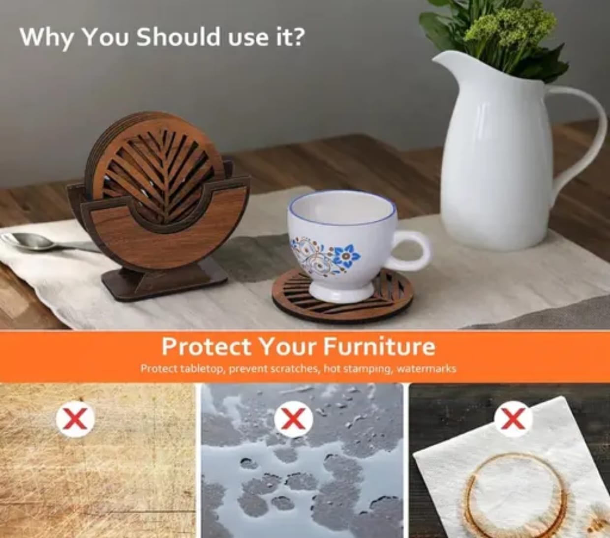 Premium Wooden Leaf Cut Coaster Set – Set of 4 with Stand