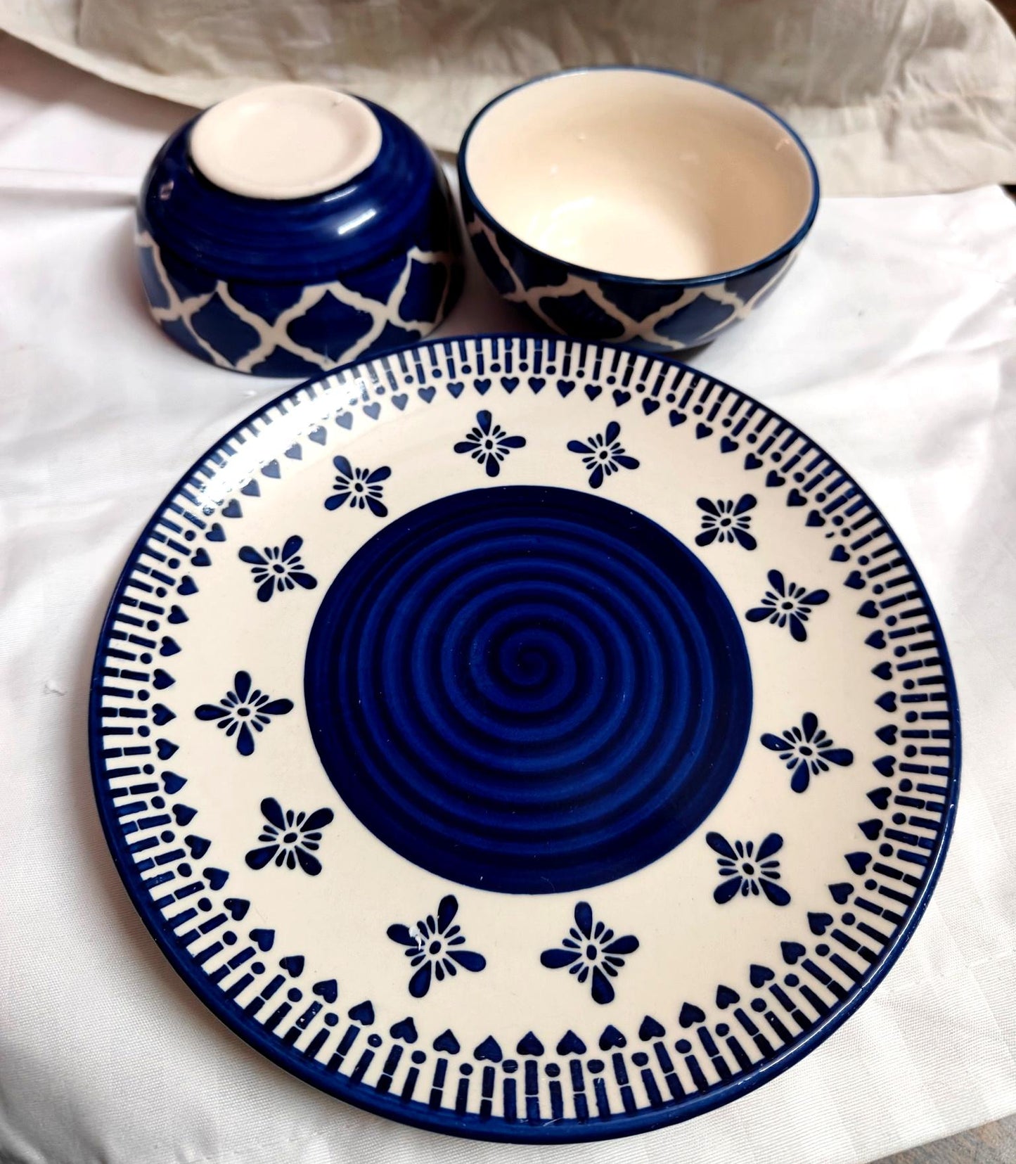 Blue & White Handcrafted Ceramic Plate & Bowl Set – 1 or 2 Servings