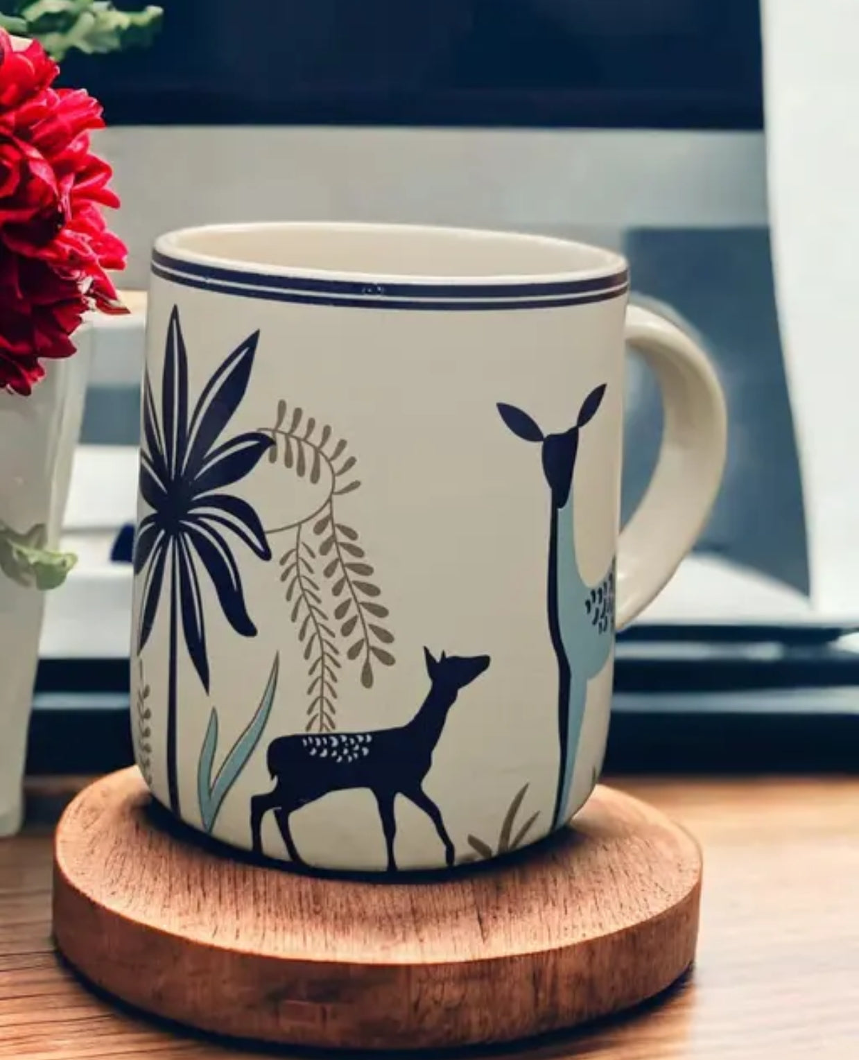 Jungle Safari Ceramic Coffee Mug – Blue Deer Print (325ml)