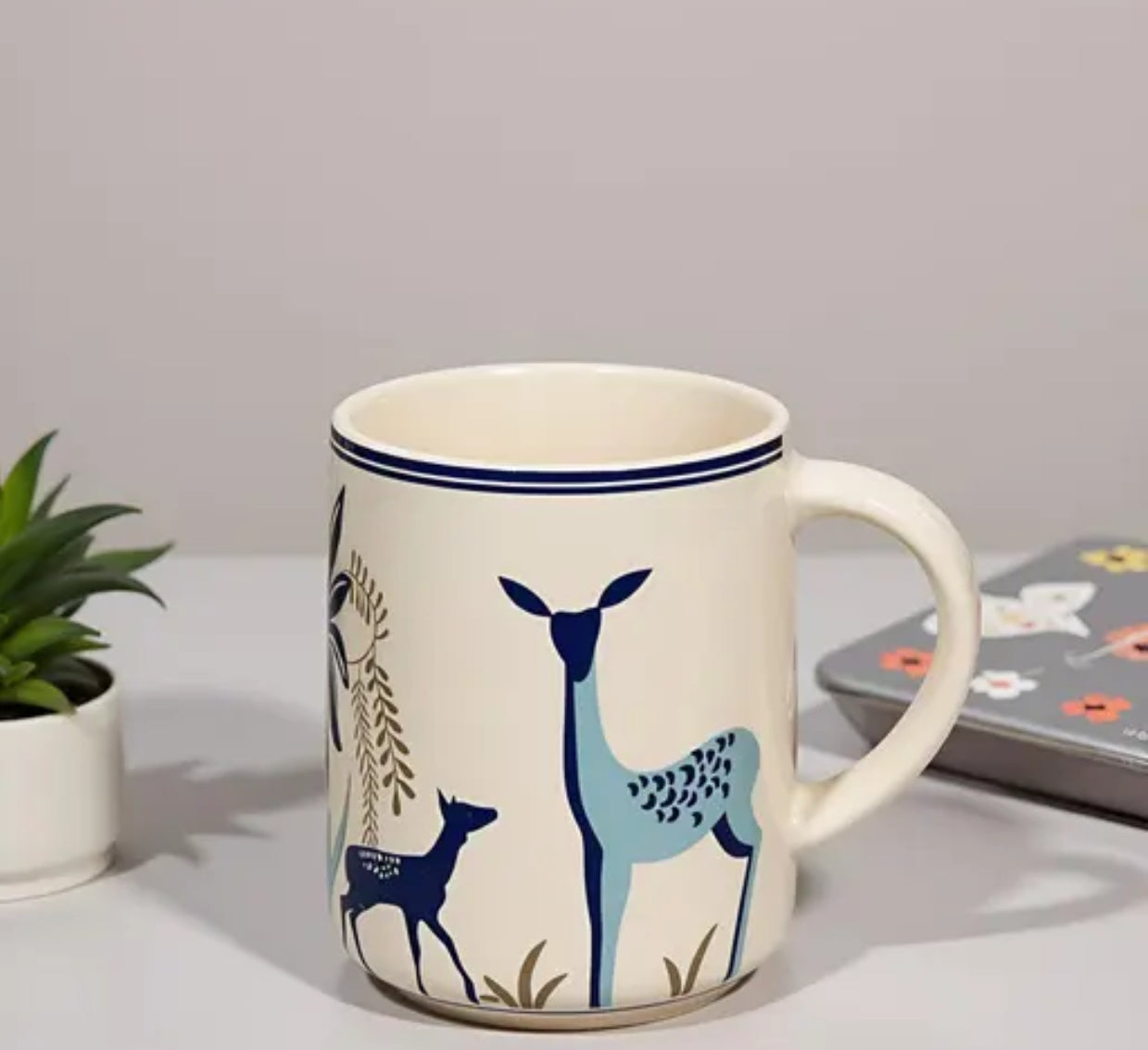 Jungle Safari Ceramic Coffee Mug – Blue Deer Print (325ml)