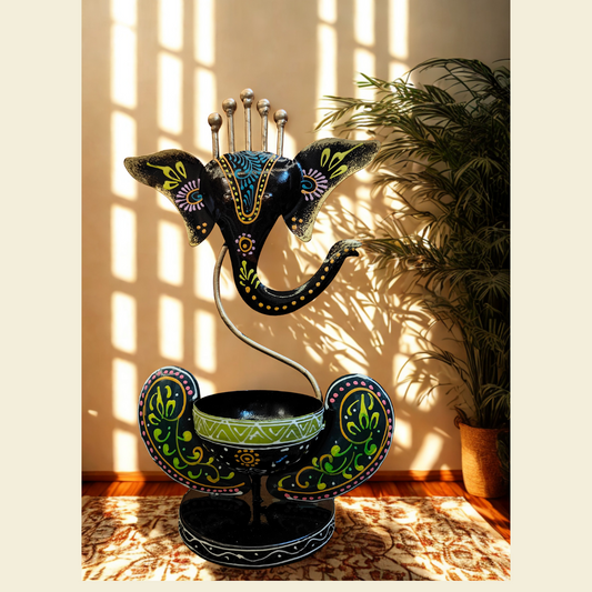 Hand-Painted Metal Ganesha Showpiece with Bowl – Ethnic Home Decor