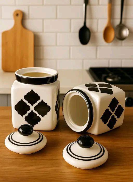 Black & White Ceramic Storage Jars – Set of 2 (500ml each)