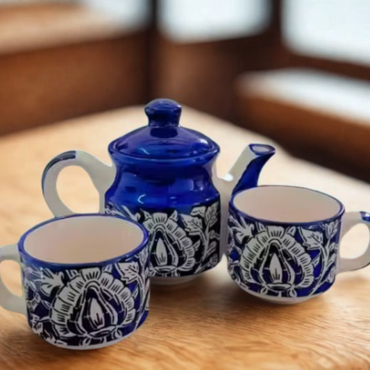 Royal Blue Pottery Kettle & Cup Set – Handcrafted 3-Piece Tea Set