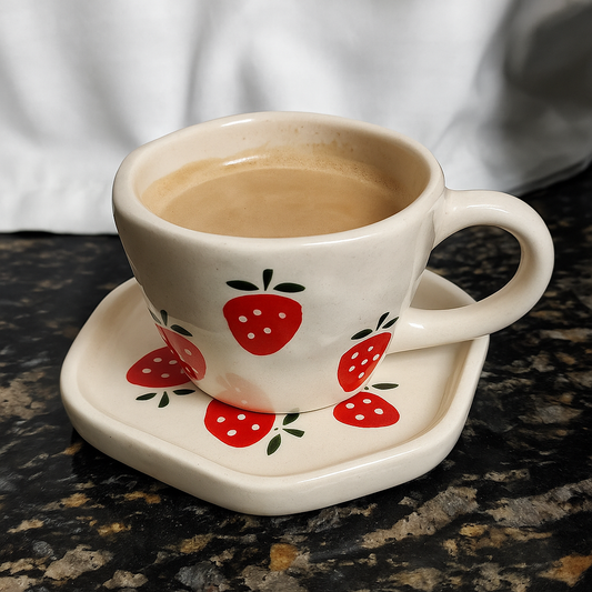 Hand-painted Strawberry Ceramic Cup & Plate Set