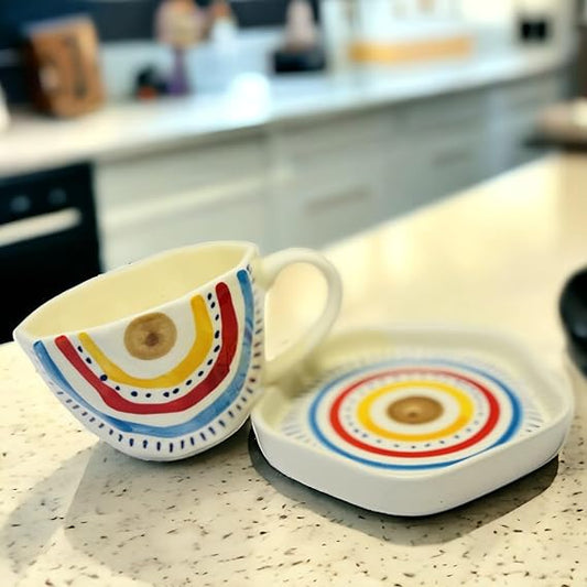 Handmade Ceramic Cup & Saucer – Rainbow Mandala