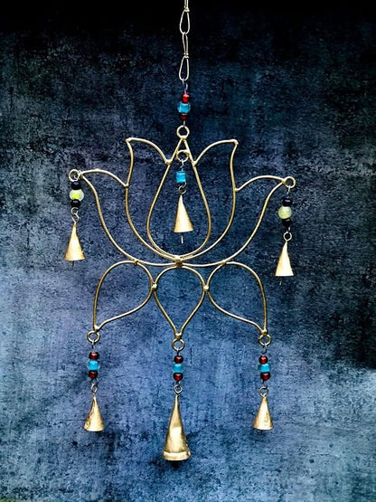 Golden Lotus Metal Wall Hanging with Bells – Elegant Minimalist Decor
