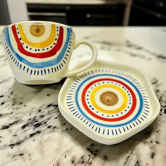 Handmade Ceramic Cup & Saucer – Rainbow Mandala