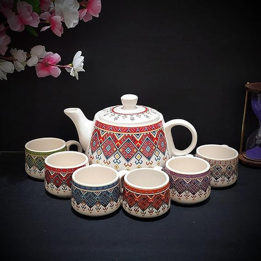 Boho Print Ceramic Kettle Set with 6 Matching Cups – Multicolor