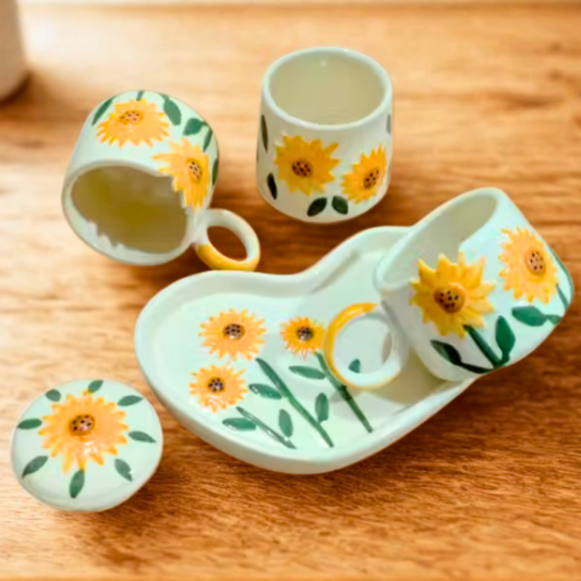 Sunflower Bloom Ceramic Breakfast Set – Cup, Tray & Container