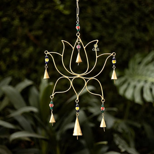 Golden Lotus Metal Wall Hanging with Bells – Elegant Minimalist Decor