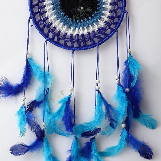 Handwoven Evil Eye Dreamcatcher – Blue Crochet with Feathers
