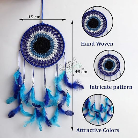 Handwoven Evil Eye Dreamcatcher – Blue Crochet with Feathers