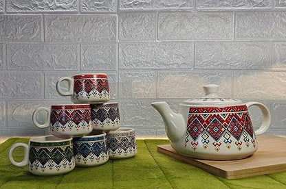 Boho Print Ceramic Kettle Set with 6 Matching Cups – Multicolor