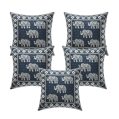 Set of six blue pillows with elephant patterns on a white background