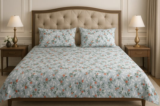 Elegant Floral Bedsheet Set – Blue with White & Red-Orange Floral Print