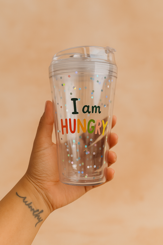 “I’m Hungry” Glitter Reusable Coffee Cup – 450ml (Clear with Lid)