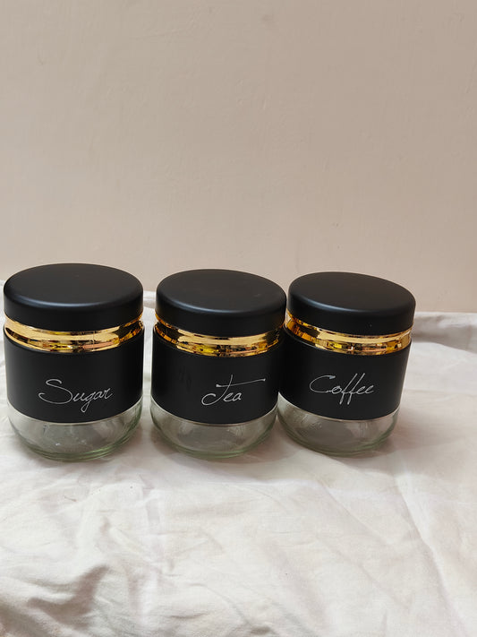 Luxury Matte Black Glass Jar Set with Gold Rim – Tea, Coffee & Sugar