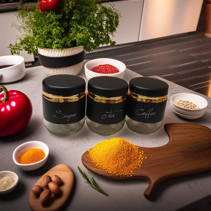 Luxury Matte Black Glass Jar Set with Gold Rim – Tea, Coffee & Sugar
