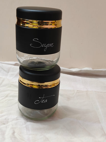 Luxury Matte Black Glass Jar Set with Gold Rim – Tea, Coffee & Sugar