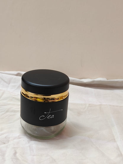 Luxury Matte Black Glass Jar Set with Gold Rim – Tea, Coffee & Sugar