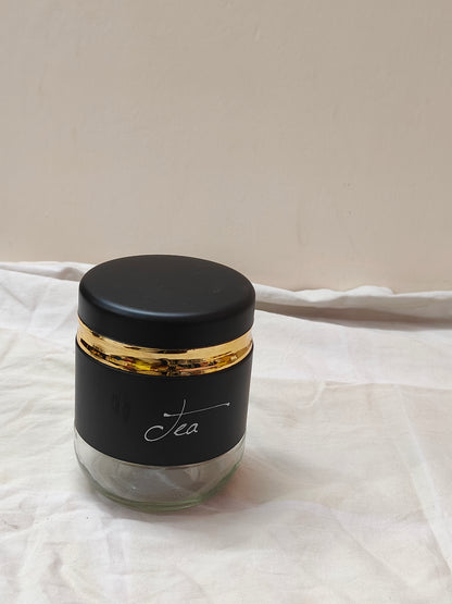 Luxury Matte Black Glass Jar Set with Gold Rim – Tea, Coffee & Sugar