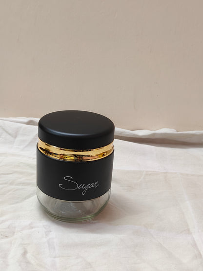 Luxury Matte Black Glass Jar Set with Gold Rim – Tea, Coffee & Sugar